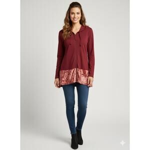 Soft Surroundings Jacket Hoodie Velvet Trim Burgundy Tunic Lagen look Sz-PXS